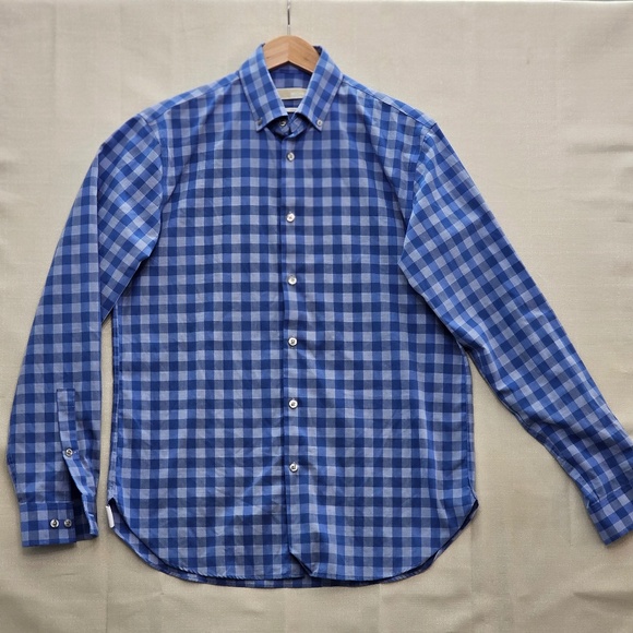 Michael Kors Men's Button Down Shirt 15 1/2 34/35 Blue and White Plaid Slim Fit - Picture 1 of 5